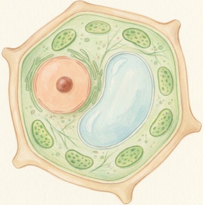 A plant cell in soft coloured pencil: the wall, the nucleus and the chloroplasts.