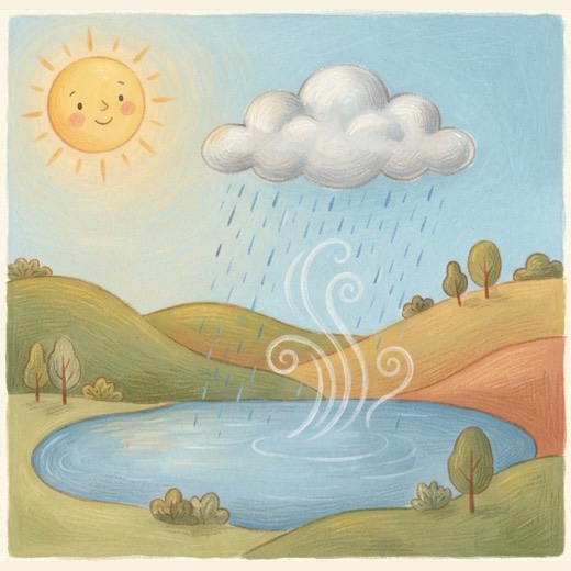 The water cycle: sun over a lake, vapour rising, a cloud raining.