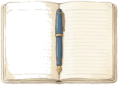 An open notebook with a fountain pen resting in the fold.
