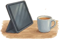 A tablet propped on a kitchen table beside a mug of tea.