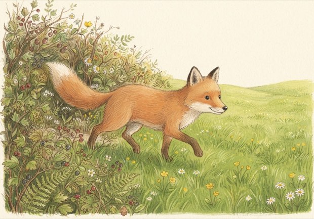A fox stepping out of a hedgerow into a field on a bright morning.