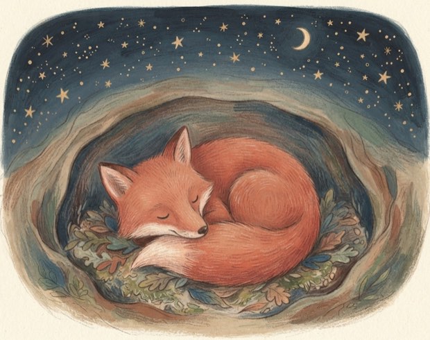 The same fox curled up asleep in a burrow under a sky full of stars.