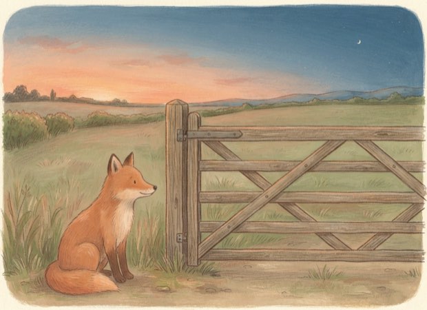 The same fox waiting by a five-bar gate at dusk.